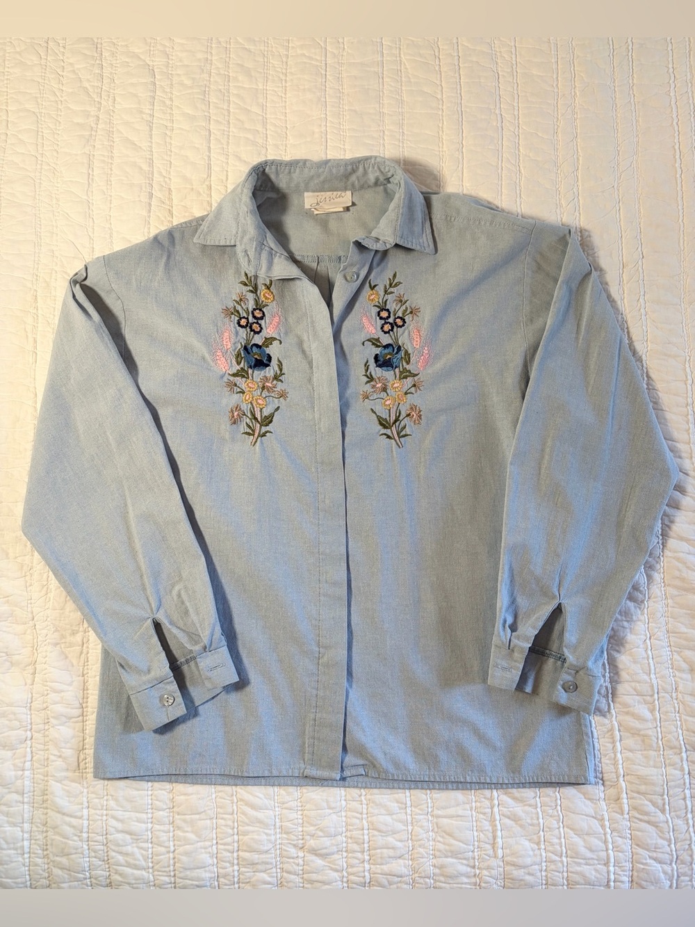 Vintage Jessica Sears Floral Embroidered Button Up Blouse Blue Size 8